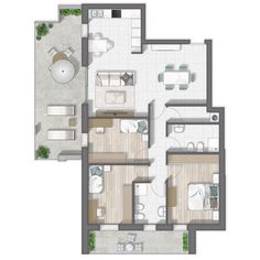 two bedroom apartment floor plan with kitchen and living room in the center, top view