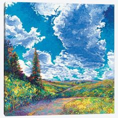 an oil painting of a country road with trees and flowers in the foreground, under a cloudy blue sky