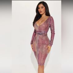 Midi Sequin Dress Pinky Purple Long Sleeve Deep V Neck Lined Little Stretch Tie Waist Purple Fitted V-neck Dress, Fitted Purple V-neck Dress, Purple Sequined Mini Bodycon Dress, Purple Bodycon Mini Dress For Party Season, Purple V-neck Bodycon Dress, Purple Bodycon Dress For Cocktail Party Season, Purple Knee-length Mini Dress For Evening, Purple Bodycon Dress For Cocktail Party, Purple V-neck Bodycon Dress For Party