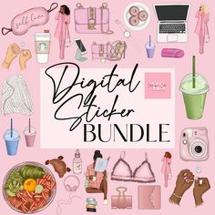 the digital clipart bundle is shown in pink and has various items for sale on it