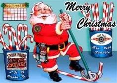 a christmas card with santa claus and candy canes in front of a blue background