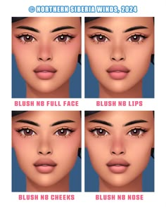 four different views of the face of a woman with brown eyes and long lashes,