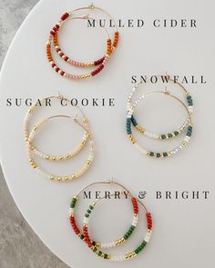 Beautify your winter look with these gorgeous holiday hoop earrings! Crafted with lightweight, hypoallergenic materials and beaded with festive colors, they're sure to turn heads and spread holiday cheer! Stand out from the crowd this season with these limited edition beauties! • Hoops measure 30mm• Earrings are made with Sterling Silver or 14k Gold Filled wire. No plating.• 100% hypoallergenic and tarnish resistant Hoop Earrings With Beads, Silver Bead Earrings, Mulled Cider, Holiday Beading, Winter Jewelry, Changing Leaves, Bracelets Handmade Beaded, Beaded Hoop Earrings, Beaded Hoops