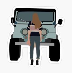 a woman standing in front of a jeep sticker