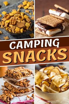 the cover of camping snacks is shown with pictures of food and desserts on it