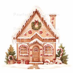 a watercolor painting of a gingerbread house with candy canes on the front