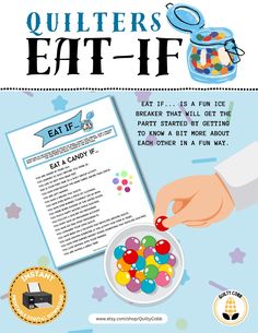 Quilt Guild Games, Eat If..., Retreat Activities, Quilt Guild, Digital Download, Printable, Quilty Cobb Get to know your quilt group.  Super fun ice breaker activity.   QUILT GAME, Instant Digital Download, Printable Game for Retreats, Groups, Quilty Cobb Digital downloads make life easier, NO SHIPPING and you get it immediately! **Please note- this is NOT A PHYSICAL PRODUCT, therefore, there will be no returns accepted.  Make sure your computer is able to download these formats before purchasin Quilt Retreat Favors, Quilt Guild Programs, Quilt Retreat Gifts, Retreat Activities, Sewing Retreats, Craft Retreat, Quilting Quotes, Retreat Gifts, Icebreaker Activities