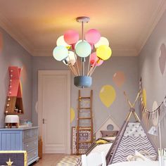 a child's bedroom decorated in pastel colors with balloons hanging from the ceiling