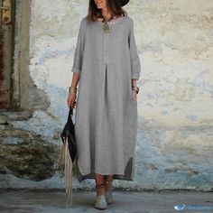 Orcajump - Elegant Holiday Side Split Robe: Stylish Round Neck Long Dress with Casual Loose Fit Ruffle Bodycon Dress, Fitted Gowns, Cheap Dresses Casual, Holiday Side, Fitted Maxi Dress, Basic Skirt, Grey Maxi Dress, Cotton Linen Dresses, Shirt Dress Casual