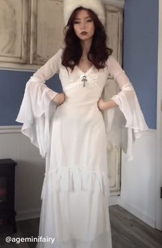 Long White Flowy Dress Cottagecore, Witch Core Wedding Dress, Coquette Long White Dress, White Ghostly Dress, White Witch Outfit Aesthetic, White Dress Ethereal, White Robes Fantasy Aesthetic, Goth White Wedding Dress, Long White Dress Aesthetic