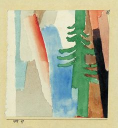 an abstract painting with trees and mountains in the background