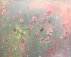 an abstract painting with pink flowers and stars