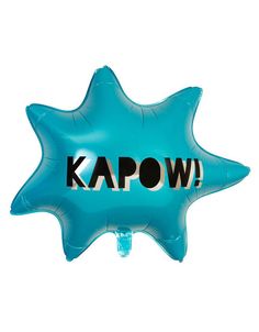 a star shaped balloon with the word kapow on it's center piece