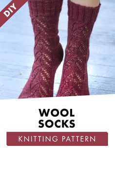 a woman's legs wearing knitted socks with text overlay that reads wool socks knitting pattern