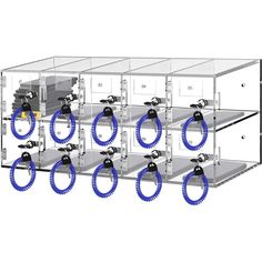 the four shelves have blue hoses attached to them and are connected to each other