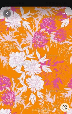 an orange background with pink flowers and leaves