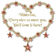 a heart shaped frame with flowers and stars on it that says welcome very nice to meet you, you'll love it here