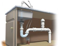 an image of a kitchen sink under the faucet and countertop with pipes