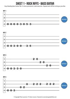 sheet 1 rock riffs bass guitar tab chart with the numbers and symbols on it