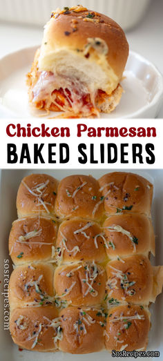 chicken parmesan baked sliders with cheese and herbs in the middle on a white plate