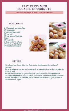 the recipe for easy tasty mini sugared doughnuts is shown in pink and white