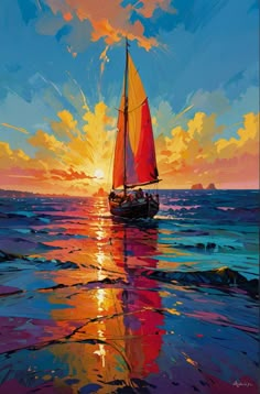 a painting of a sailboat in the ocean at sunset