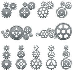 gears and wheels silhouettes on white background, set of various shapes and sizes for design