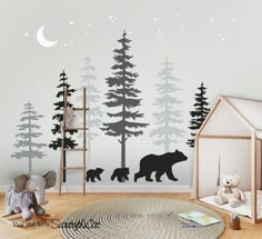 a bear family in the woods wall decal with moon and stars on it's side