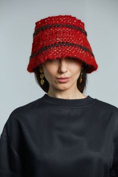 Unique handmade unisex wool red bucket hat with striped pattern (Winter hat) This panama is very warm, soft and comfortable to wear. The best decision for 2021 year. SIZE: S-M (56-57 cm) in stock M-L (58-59 cm)Custom Made L-XL (60-61 cm)Custom Made Custom Made design is made after a base pattern, similar to ready-to-wear. Note that it will take our team 10 - 15 days to make your product, so remember to add this to the delivery time. MATERIAL: Made of natural materials 100% wool Linen(Lining) Pro Red Knitted Brimmed Hat, Red One Size Bucket Hat, Red Wool Brimmed Hat, Red Winter Cloche Hat Cap, Red Crochet Bucket Hat For Winter, Red Wool Hat With Short Brim, Red Winter Bucket Hat With Short Brim, Red Bucket Hat, Wool Bucket Hat