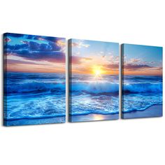 three canvases with the sun setting over an ocean and wave coming in to shore