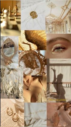 the collage shows many different images with gold and white colors, including an image of a woman's face