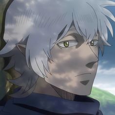 an anime character with white hair and green eyes looks into the distance while standing in front of clouds