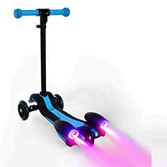 a blue and black scooter with lights on it's wheels is shown in front of a white background