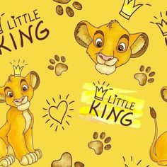 the lion king wallpaper is yellow and has hearts, paw prints, and words on it