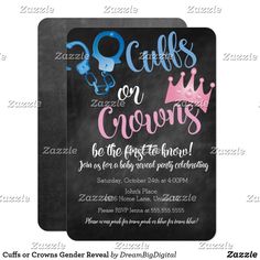 a chalkboard birthday party with pink and blue crowns on it, the words curls or crayons be the first to know