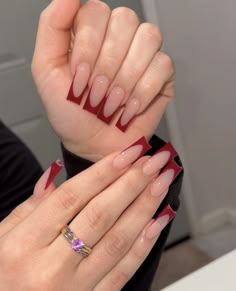 Maroon Nails, Red Acrylic Nails, Red French, Girly Acrylic Nails, Simple Acrylic Nails, Unique Acrylic Nails