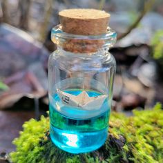 a glass bottle filled with blue liquid and a paper boat in the top, sitting on moss