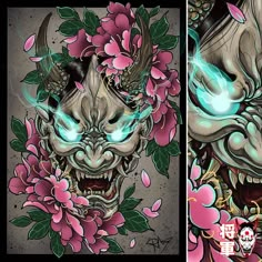 an image of a demon with flowers on it's head and another drawing of a demon