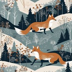 two foxes are running through the woods in front of trees and bushes on a blue background