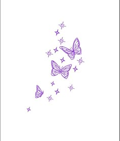 three purple butterflies flying through the air with stars in the sky behind them on a white background