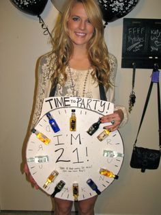 a woman holding a clock made out of liquor bottles and wine bottles with the words time party written on it