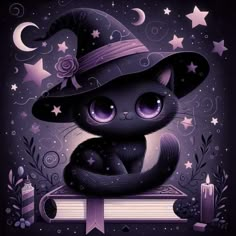 a black cat wearing a witches hat sitting on top of a book with stars and candles