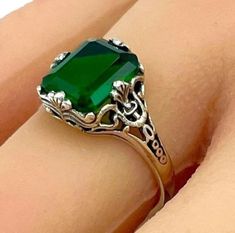 Vintage Solitaire Simulated Emerald In 925 Solid Sterling Silver Filigree Ring. Excellent Condition, Satisfaction Guaranteed! *May Birthstone Elegant Engraved Green Rings, Elegant Green Engraved Rings, Green Filigree Ring Fine Jewelry For Gift, Green Filigree Ring As Fine Jewelry Gift, Classic Green Emerald Ring Stamped 925, Green Sterling Silver Classic Filigree Ring, Classic Green Sterling Silver Filigree Ring, Classic Green Filigree Ring As Gift, 22 Carat Gold Jewellery