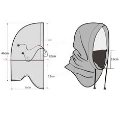 the size and measurements of a hood for a woman's face, with an attached head