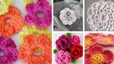 four different crocheted flowers are shown together