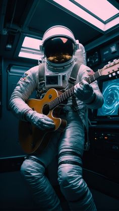 an astronaut is playing the guitar in his space suit