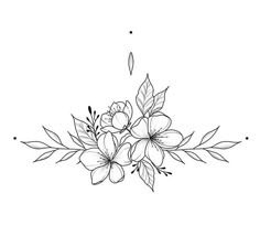 a black and white drawing of flowers with leaves on the bottom half of their petals