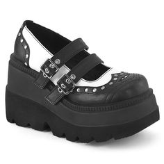 5" Wedge Platform Boot w/Straps, Studs, Assorted Charms & Chain Brand: Demonia by Pleaser USA.  There are no half sizes.  COLOR : Black-White  SKU: POISON-107 POI107/BVL Vegan Heels, Alternative Shoes, Mary Jane Platform Shoes, Single Sole Heels, Zapatos Mary Jane, Millennials Fashion, Buckled Flats, Gogo Boots, Platform Mary Janes