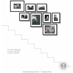 the stairs are lined with black and white photos