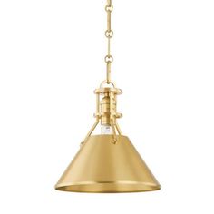 a brass colored light fixture with a chain hanging from the ceiling